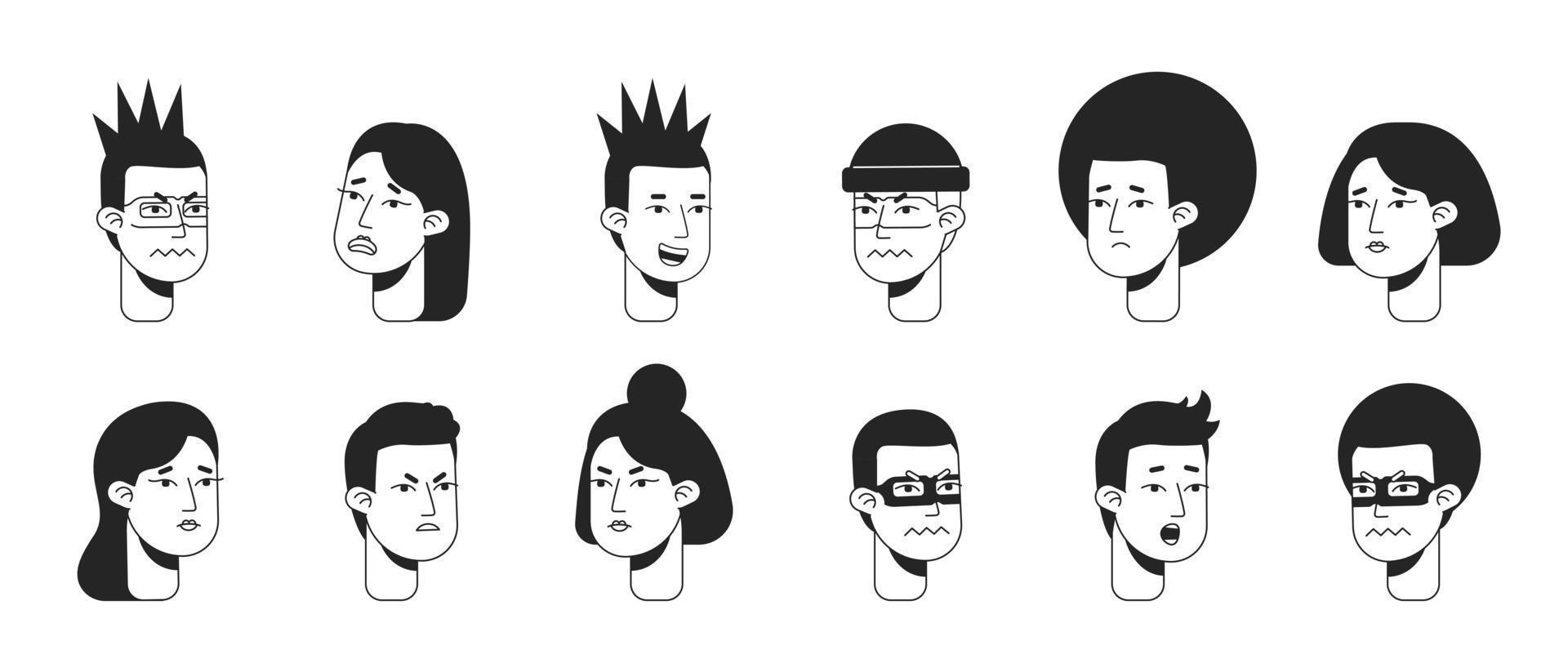 People with different facial expressions monochromatic flat vector character faces pack. Black white avatar icons. Editable cartoon portraits. Hand drawn spot illustrations for web graphic design