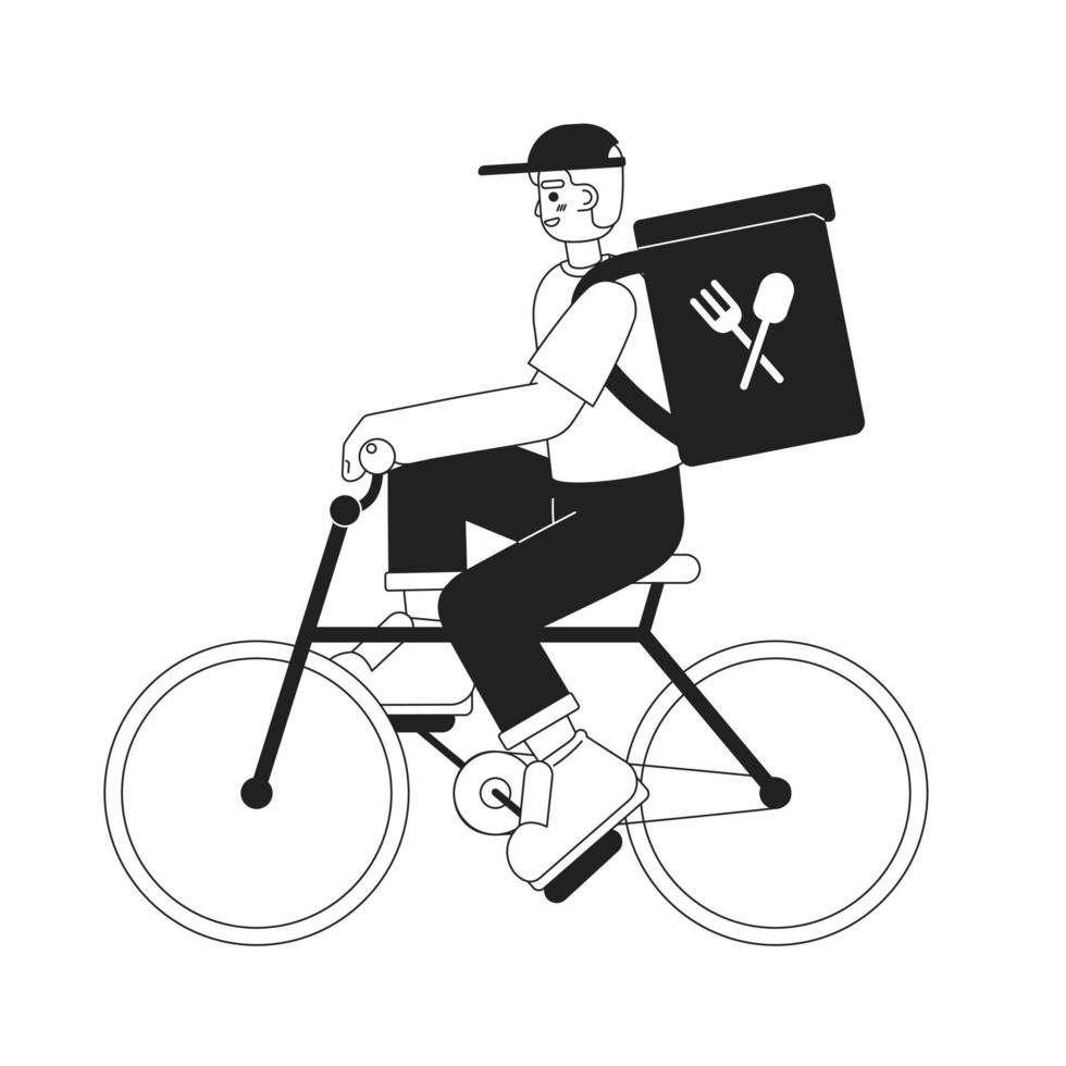 Guy delivering prepared meals on bicycle monochromatic flat vector character. Editable thin line full body person. Simple bw cartoon spot image for web graphic design, animation. Hand drawn drawing