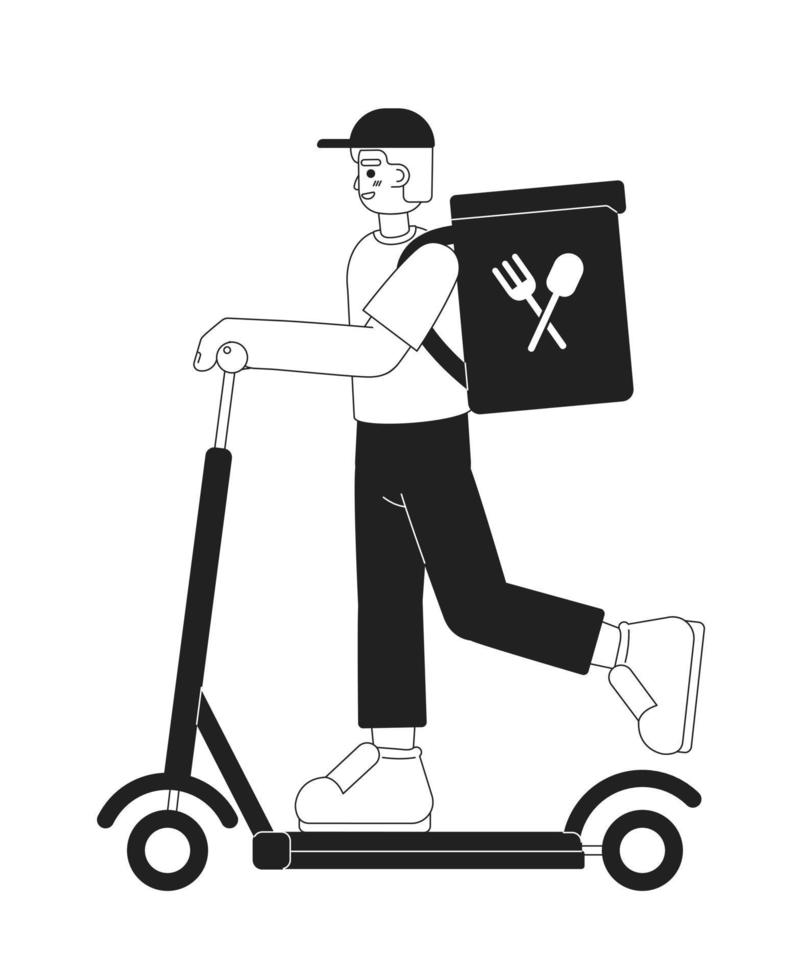 Food delivery service worker on e scooter monochromatic flat vector character. Editable thin line full body person. Simple bw cartoon spot image for web graphic design, animation. Hand drawn drawing