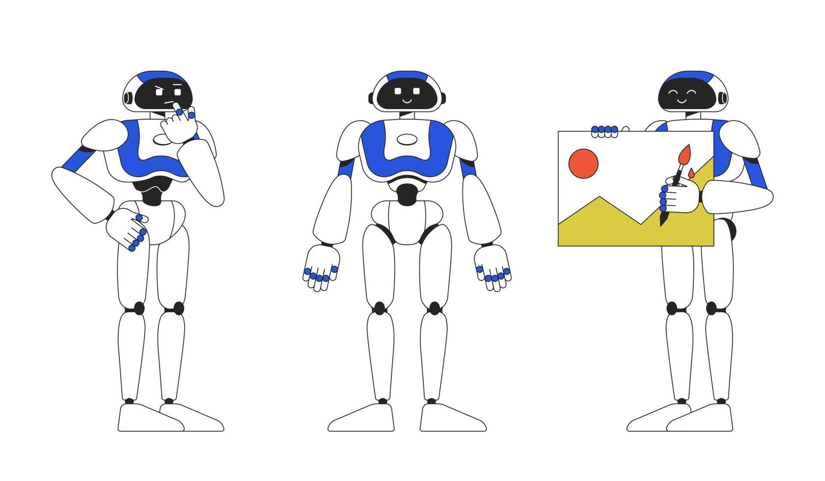 Humanoid robots AI performing tasks linear flat color vector characters set. Editable full body machines on white. Thin line cartoon style spot illustrations pack for web graphic design and animation