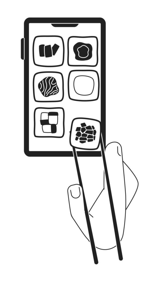 Japanese fast food order online monochrome concept vector spot illustration. Editable 2D flat bw cartoon first view hand for web UI design. Creative linear hero image for landings, mobile headers