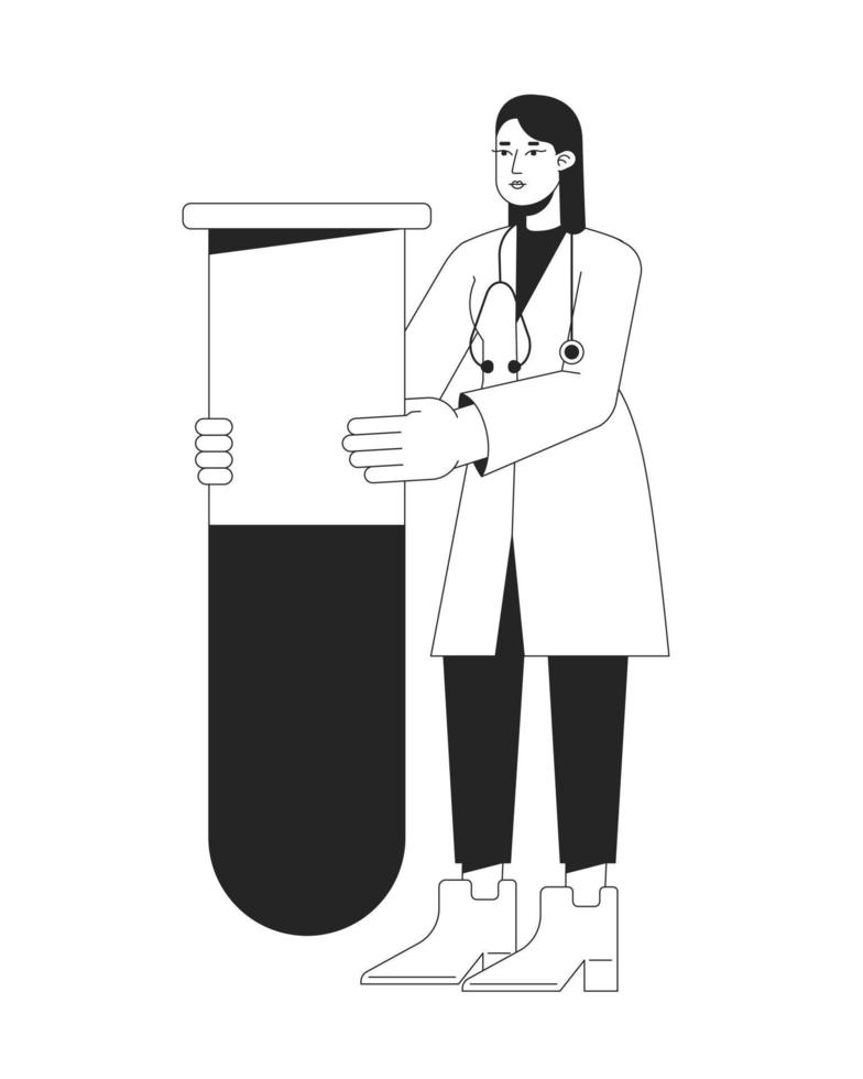 Test in medical laboratory bw concept vector spot illustration. Doctor with sample tube 2D flat line monochromatic cartoon character for web UI design. Editable hero image for landing, mobile header