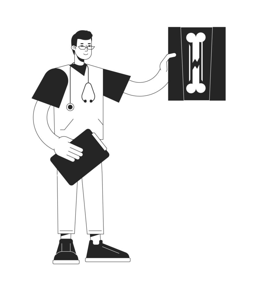 Internal medicine doctor checking x ray bw concept vector spot illustration. Specialist 2D flat line monochromatic cartoon character for web UI design. Editable hero image for landing, mobile header