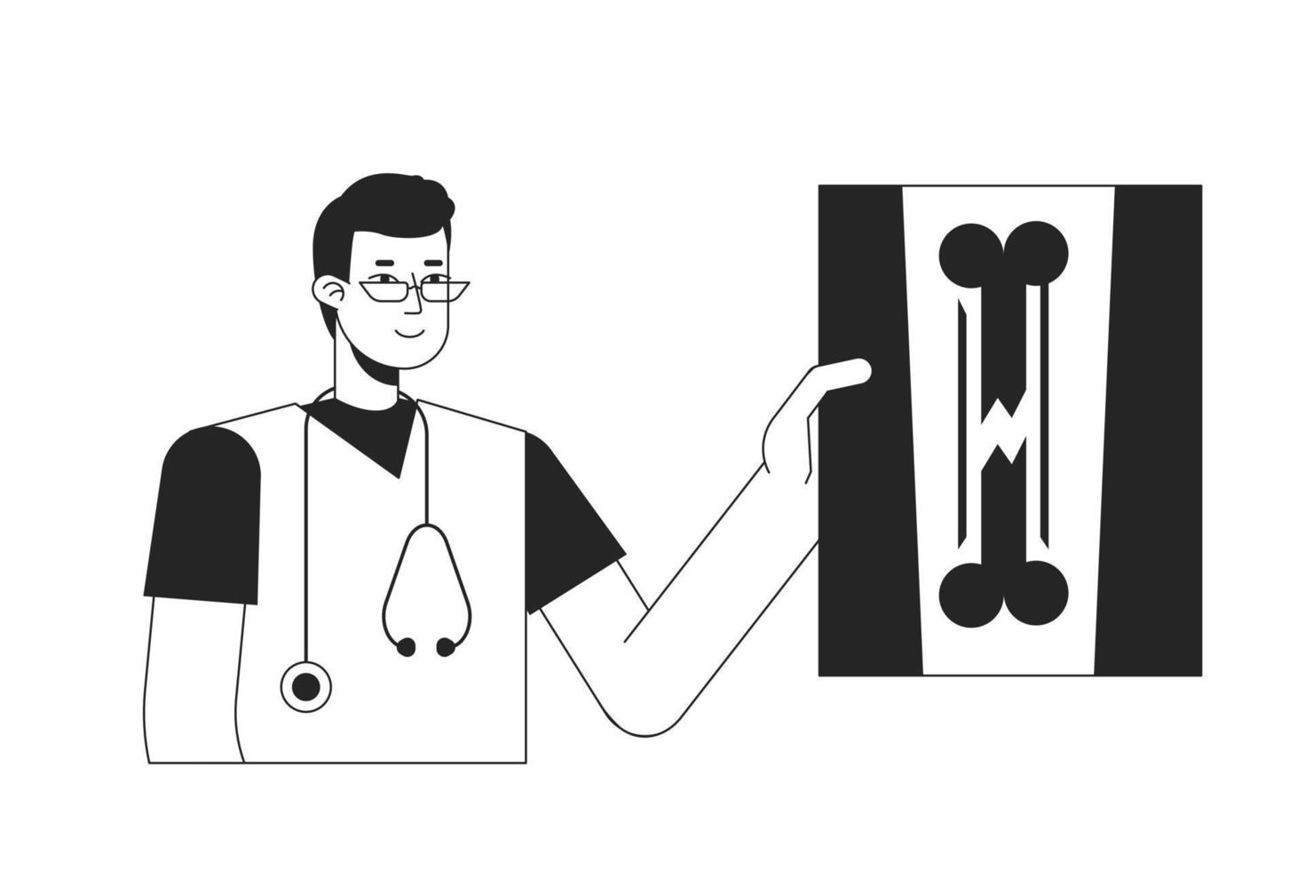 interno medicina médico con roto hueso X rayo bw concepto vector Mancha ilustración. 2d plano línea monocromo dibujos animados personaje para web ui diseño. editable héroe imagen para aterrizaje, móvil encabezamiento