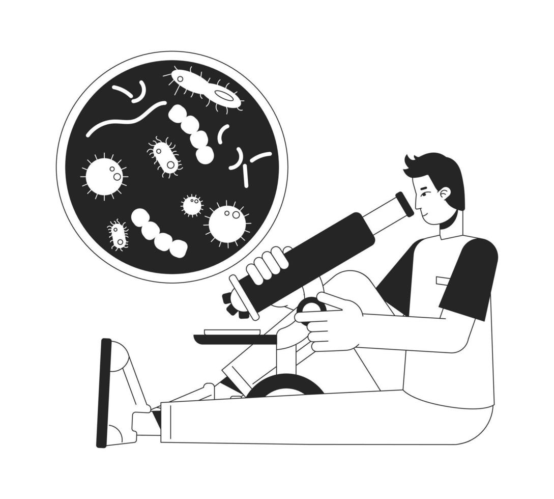 Clinical studies bw concept vector spot illustration. Researcher using microscope 2D flat line monochromatic cartoon character for web UI design. Editable hero image for landing page, mobile header
