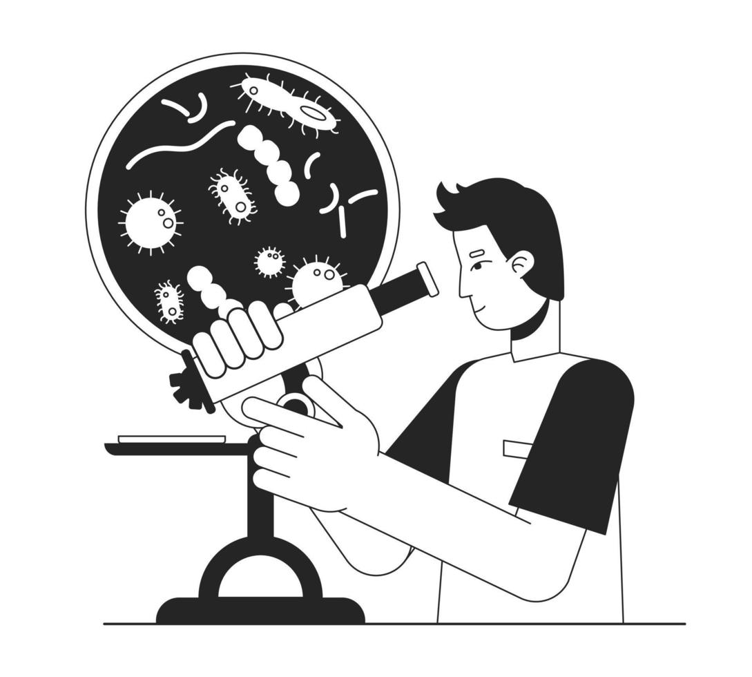 Clinical research bw concept vector spot illustration. Medical lab technician 2D flat line monochromatic cartoon character for web UI design. Editable hero image for landing page, mobile header