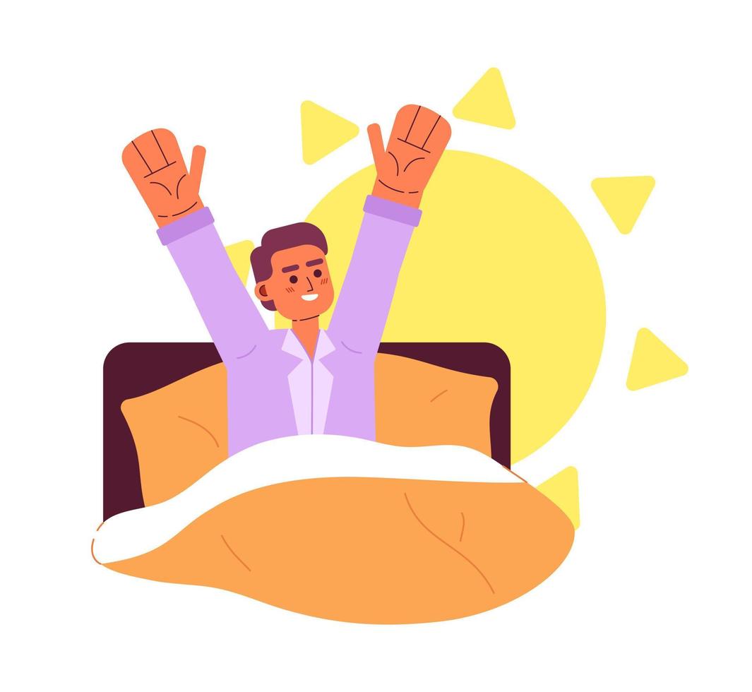 Healthy wake up routine flat concept vector spot illustration. Editable 2D cartoon character on white for web UI design. Stretching in bed creative hero image for website landings, mobile headers