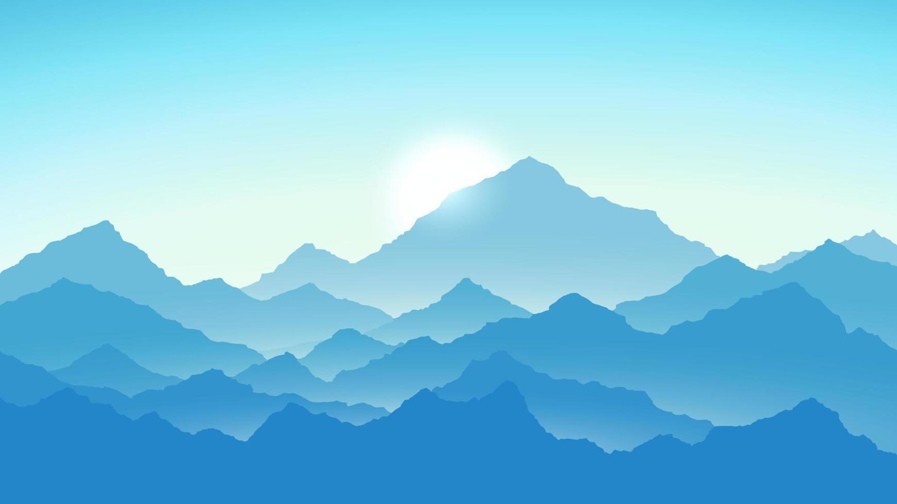 Sunrise in mountains. Mountains view in blue colors. Travel and tourism concept. Vector illustration