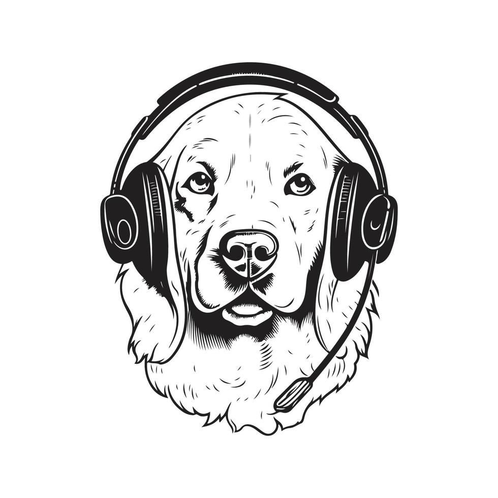 golden retriever wearing headphones, vintage logo concept black and white color, hand drawn illustration vector