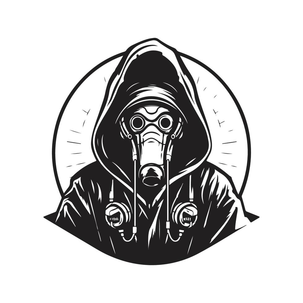 hooded scifi, vintage logo concept black and white color, hand drawn illustration vector