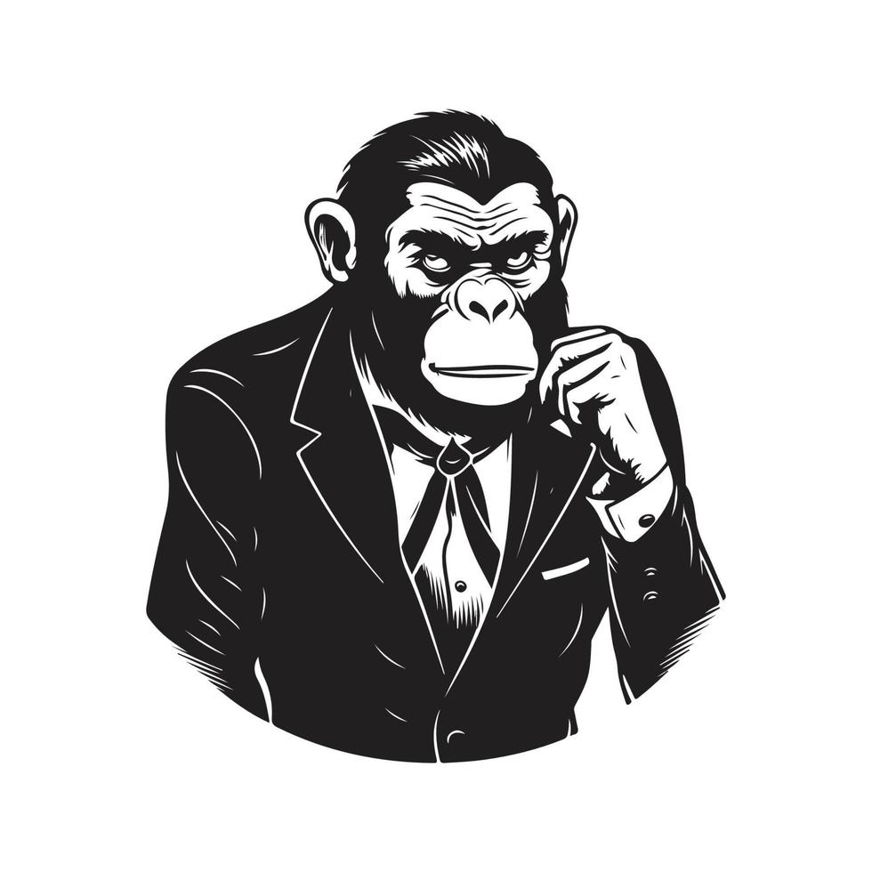 frustrated monkey in business suit, vintage logo concept black and white color, hand drawn illustration vector