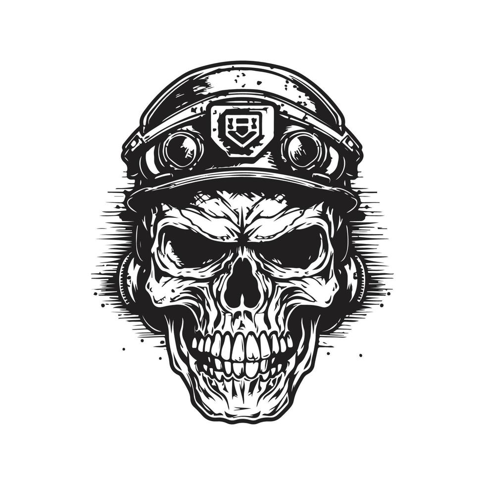 skull soldier, vintage logo concept black and white color, hand drawn illustration vector