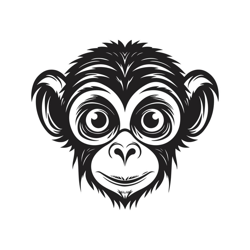 monkey with big eyes, vintage logo concept black and white color, hand drawn illustration vector