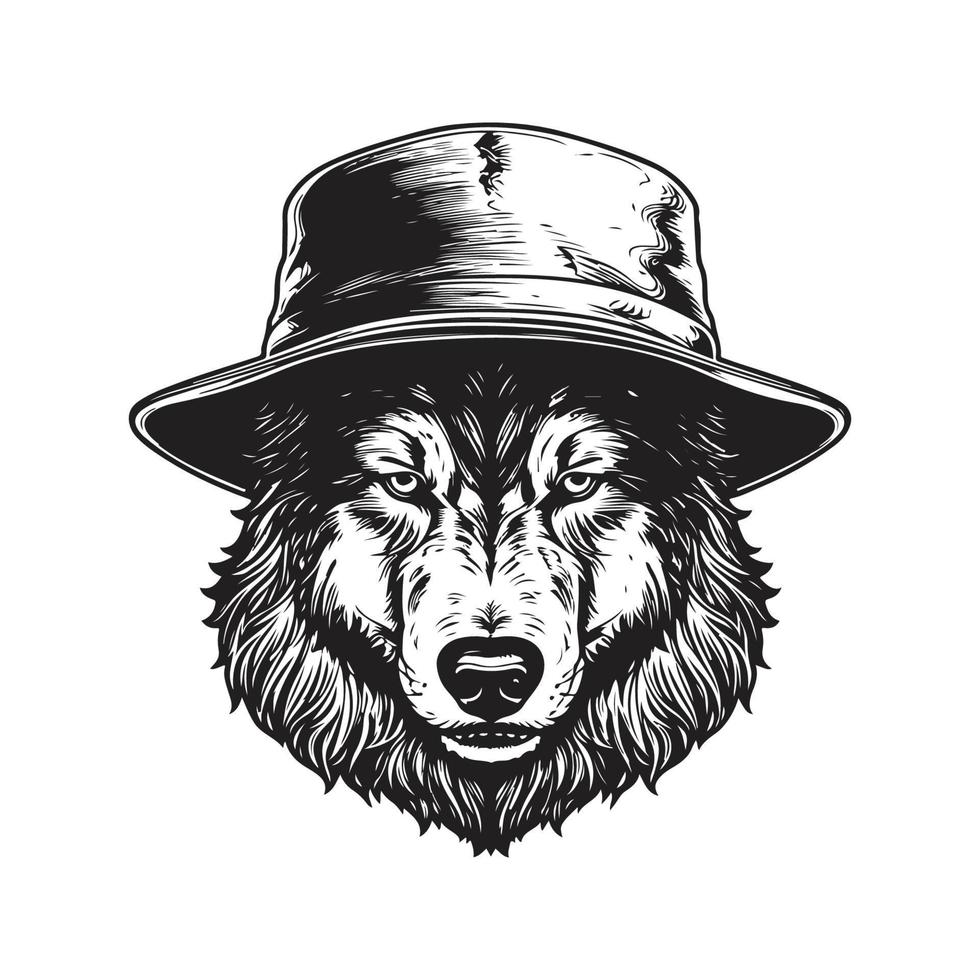 wolf wearing bucket hat, vintage logo concept black and white color, hand drawn illustration vector