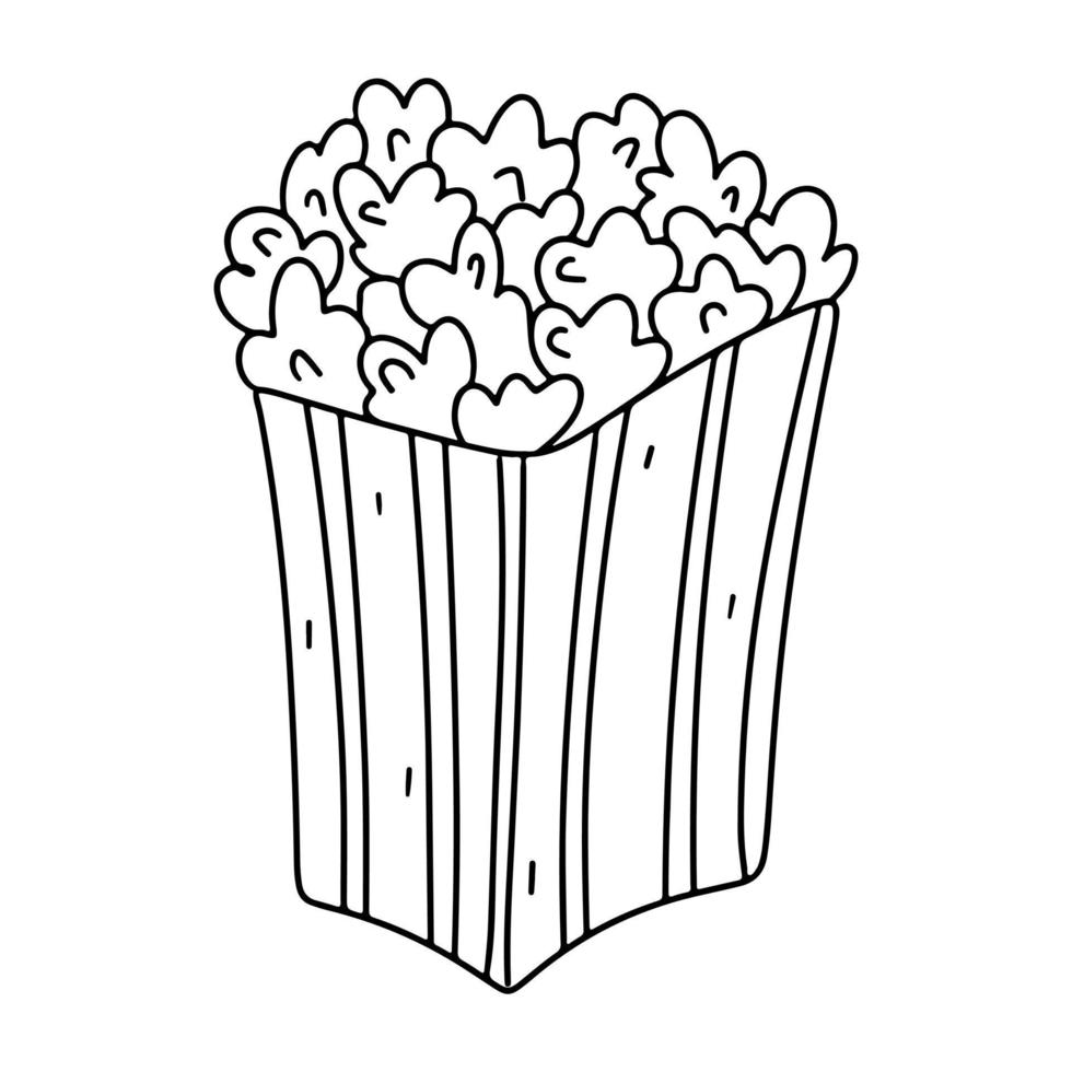 Popcorn in hand drawn doodle style. Vector illustration isolated on white background, Coloring book.