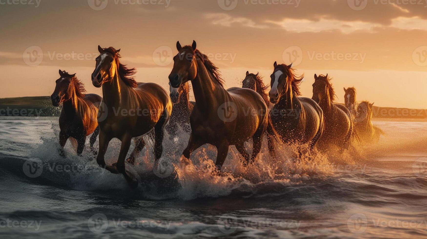 Herd of horses galloping in the sea at sunset in summer artwork photo
