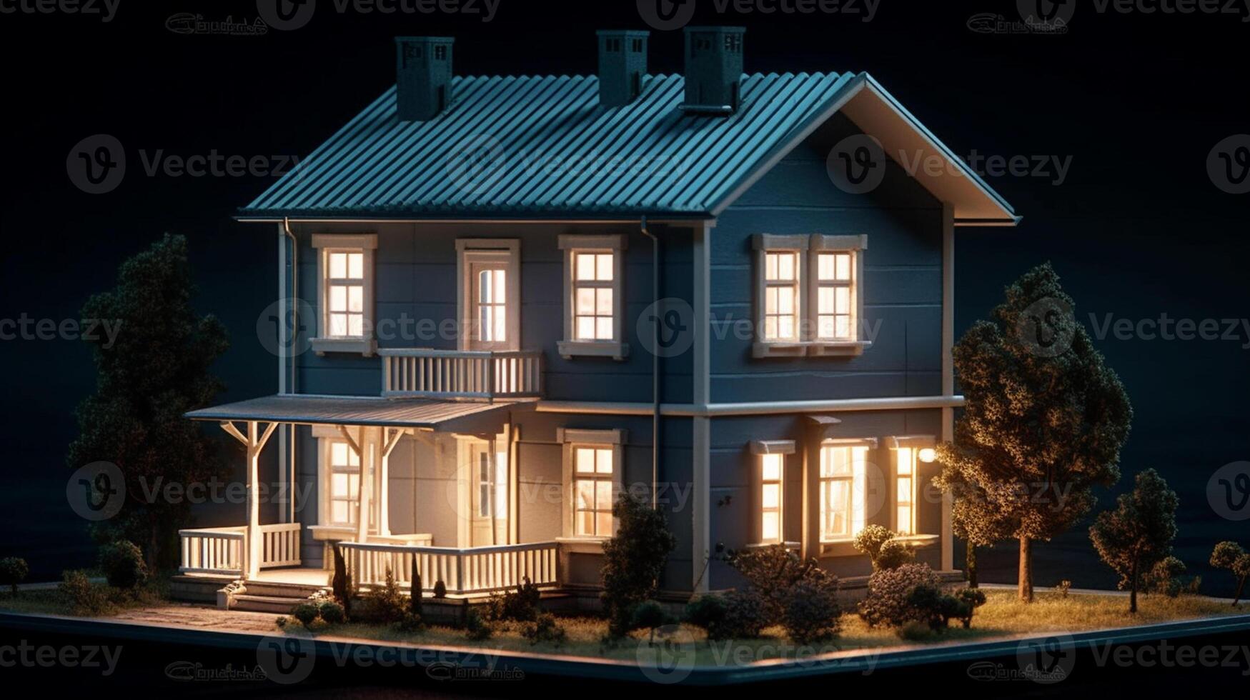 3D rendering of a house with solar panels on the roof. artwork photo