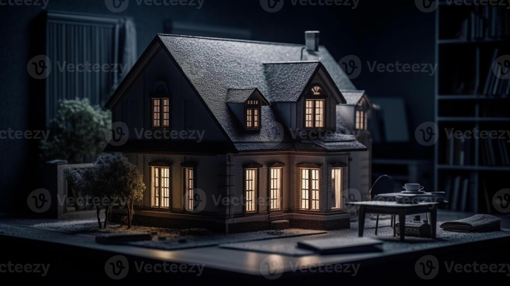 3D rendering of a house with solar panels on the roof. artwork photo