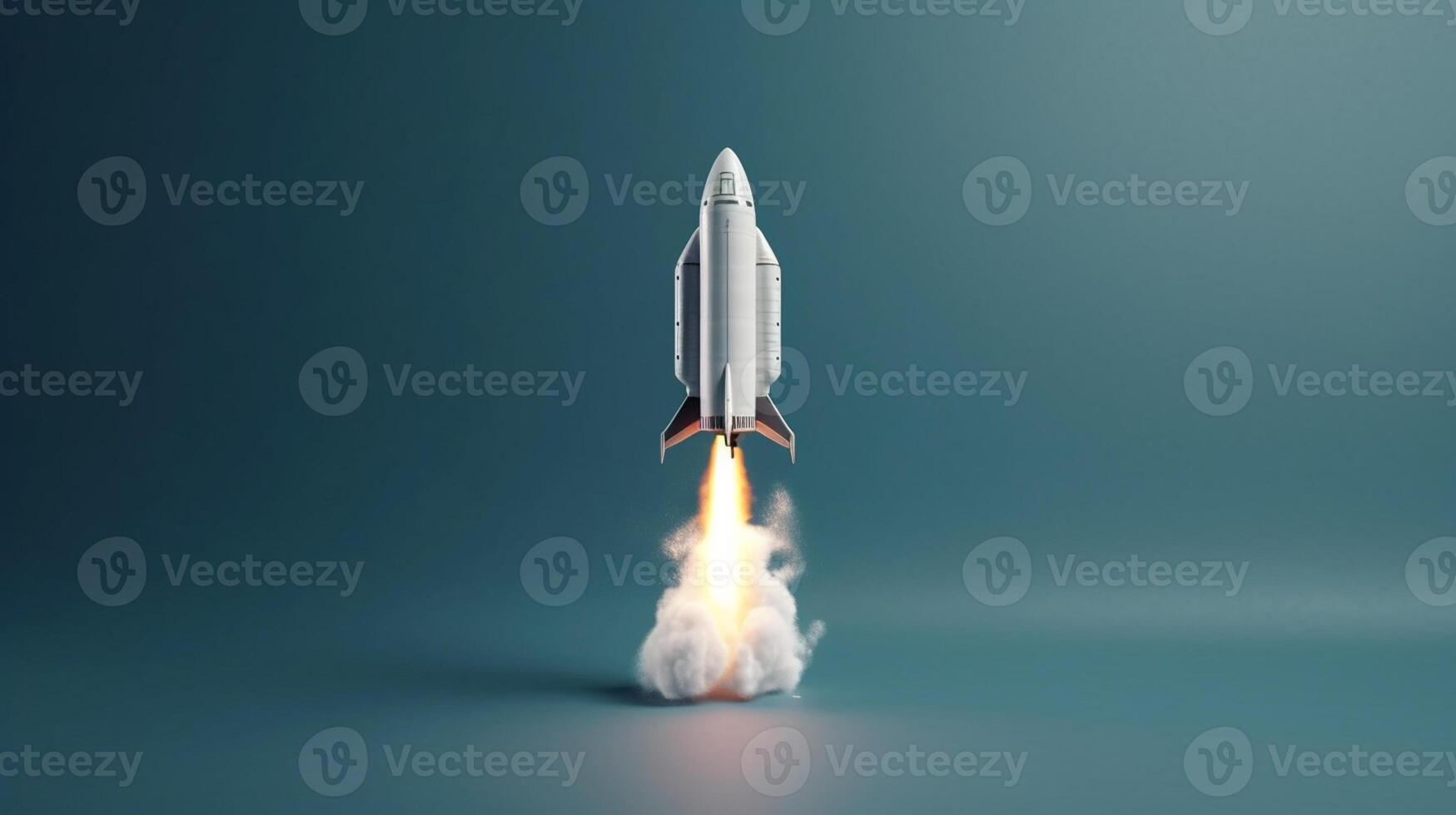 Rocket flying on a blue background. 3d render. Startup concept artwork photo