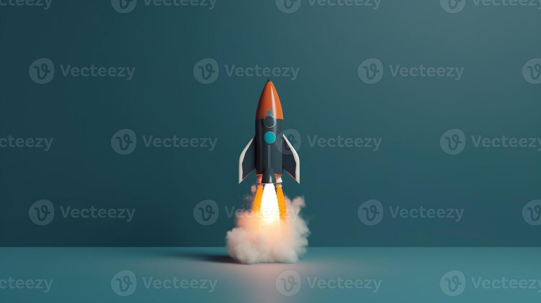 Rocket flying on a blue background. 3d render. Startup concept artwork photo