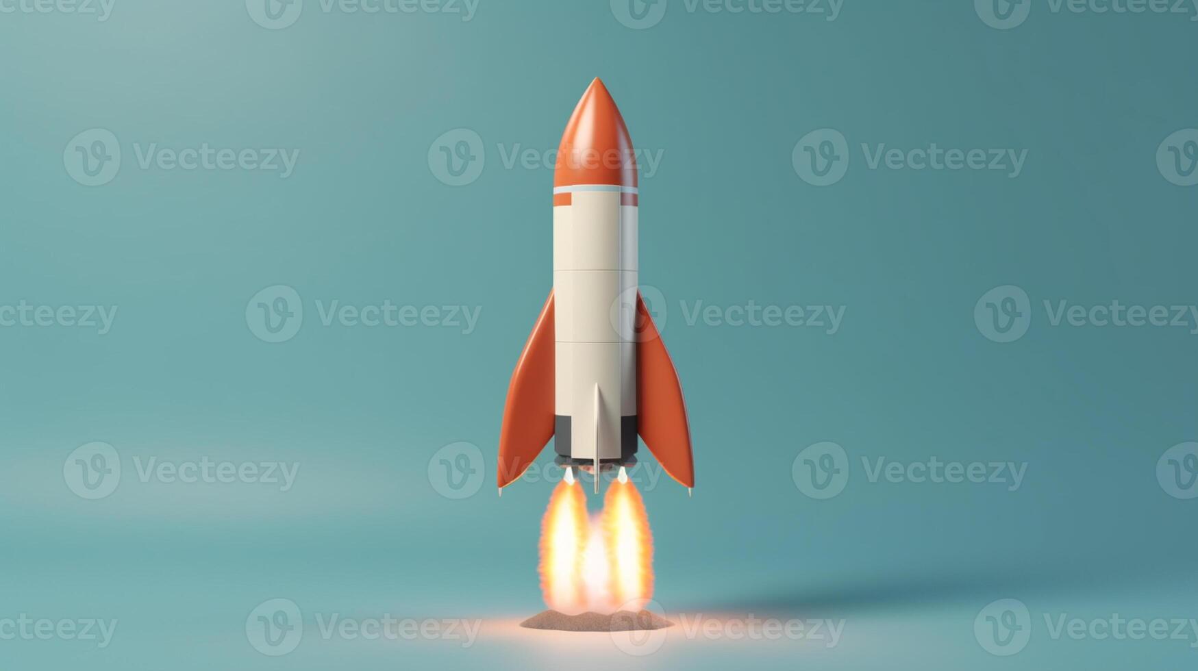 Rocket flying on a blue background. 3d render. Startup concept artwork photo