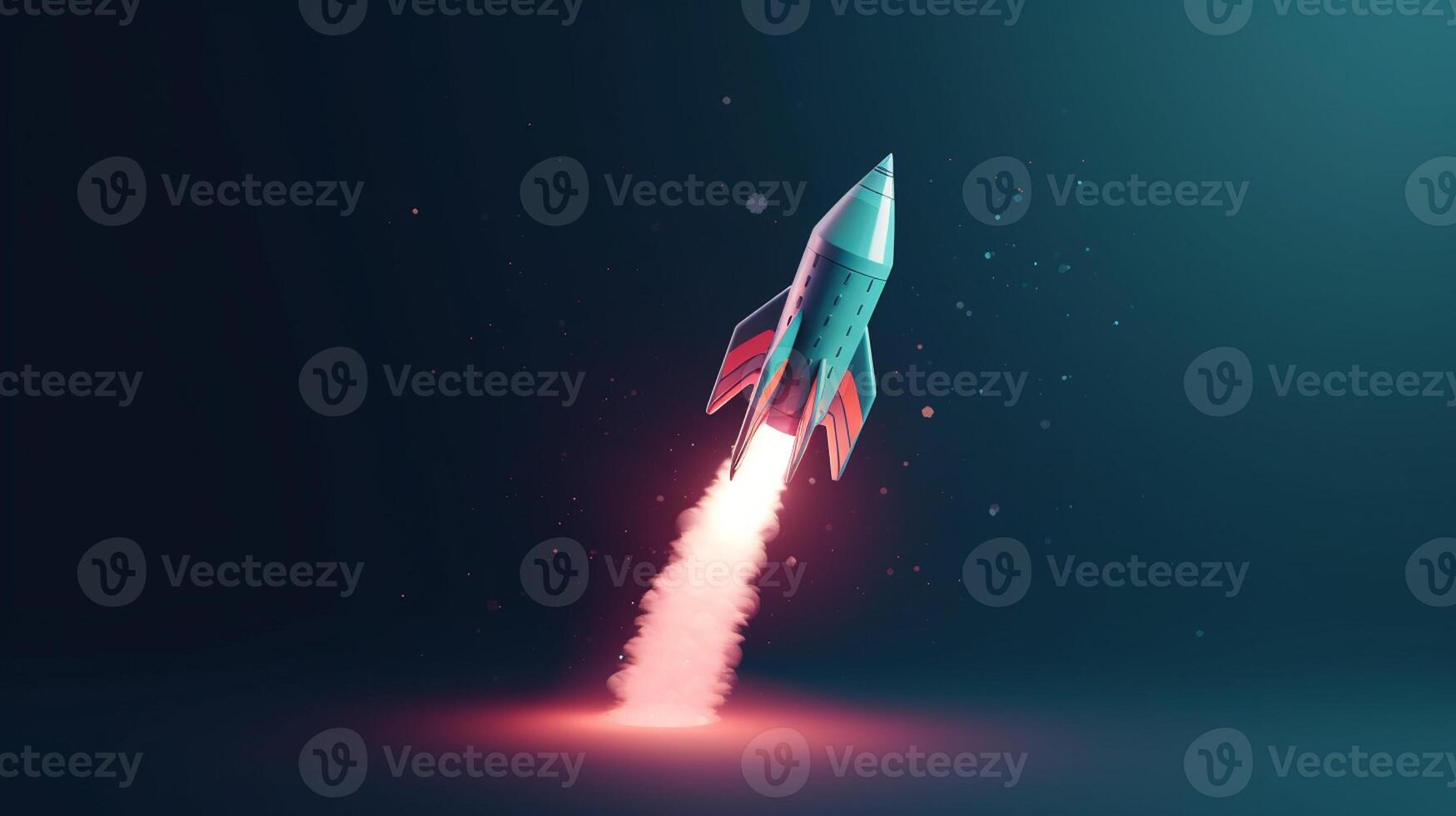 Rocket flying on a blue background. 3d render. Startup concept artwork photo