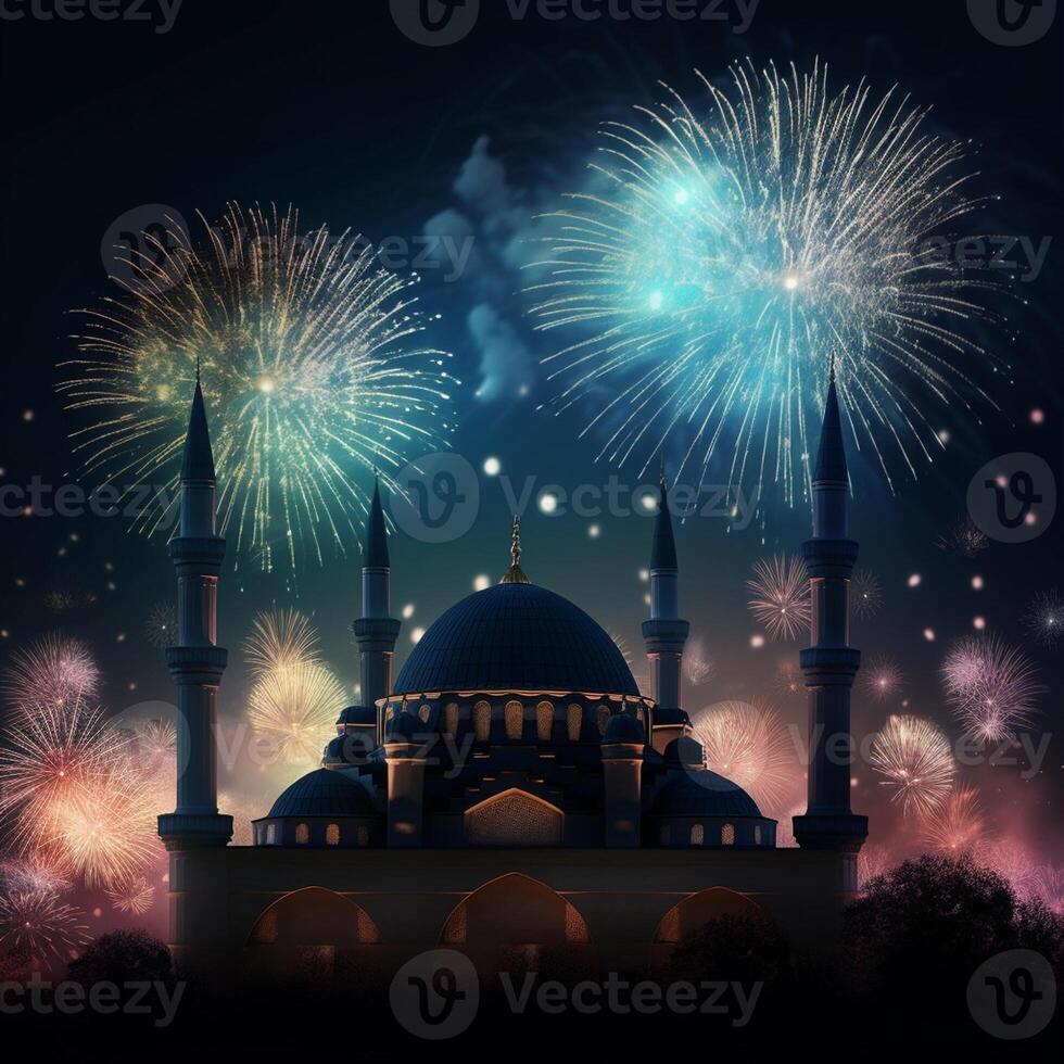 celebracion antecedentes con un mezquita y fuegos artificiales en el noche cielo. eid celebracion concepto ai generado obra de arte foto