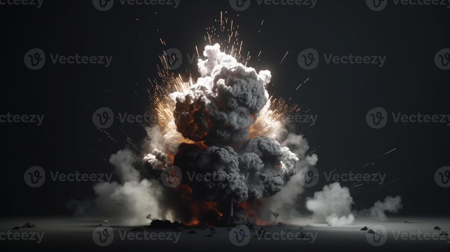 Big explosion with smoke and fire on black background artwork photo