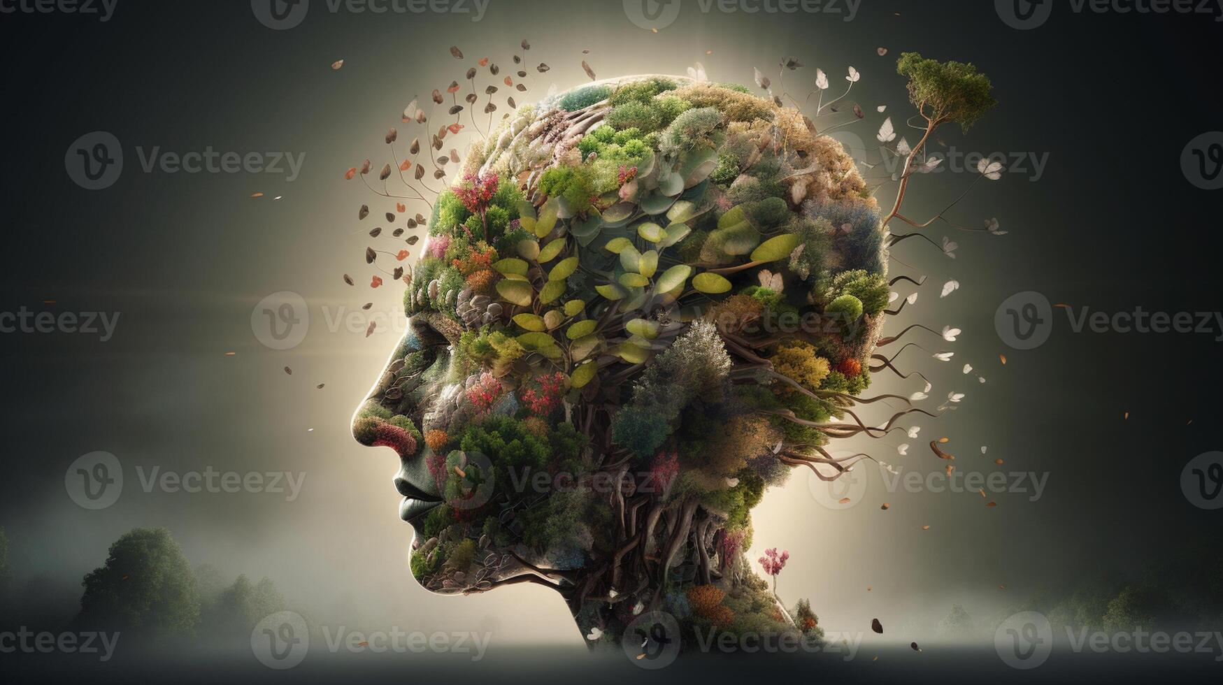 Conceptual image of a human head with colorful brain and autumn leaves. mental health concept artwork photo
