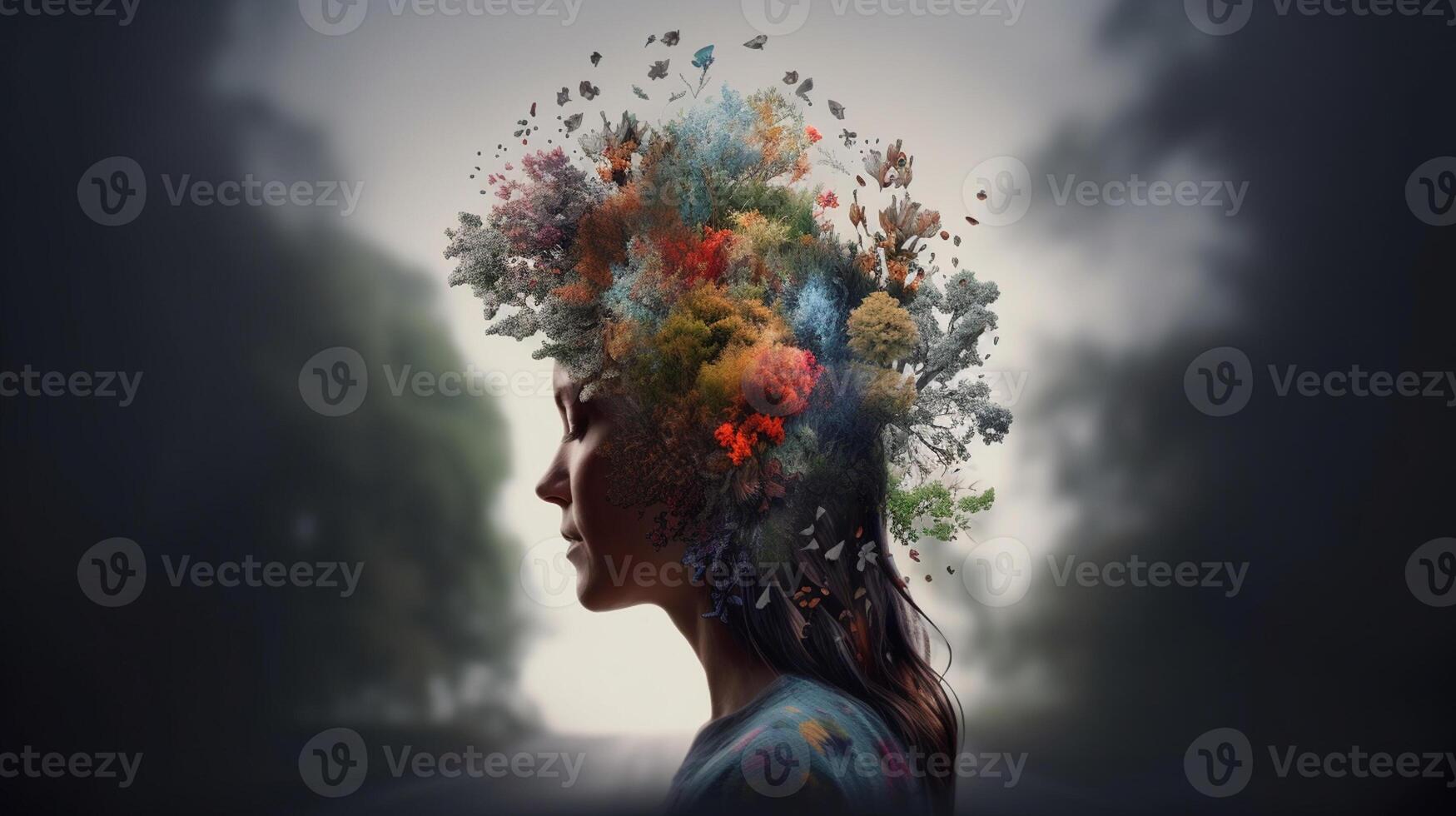 Conceptual image of a human head with colorful brain and autumn leaves. mental health concept artwork photo