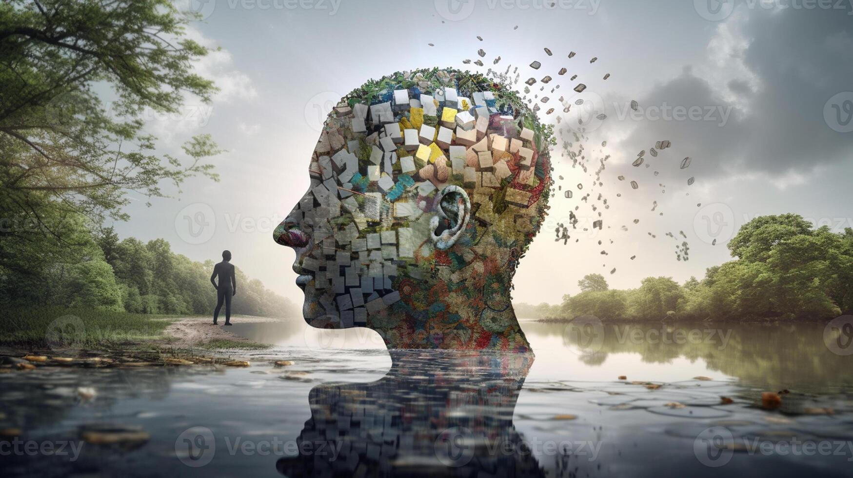 Conceptual image of a human head with colorful brain and autumn leaves. mental health concept artwork photo