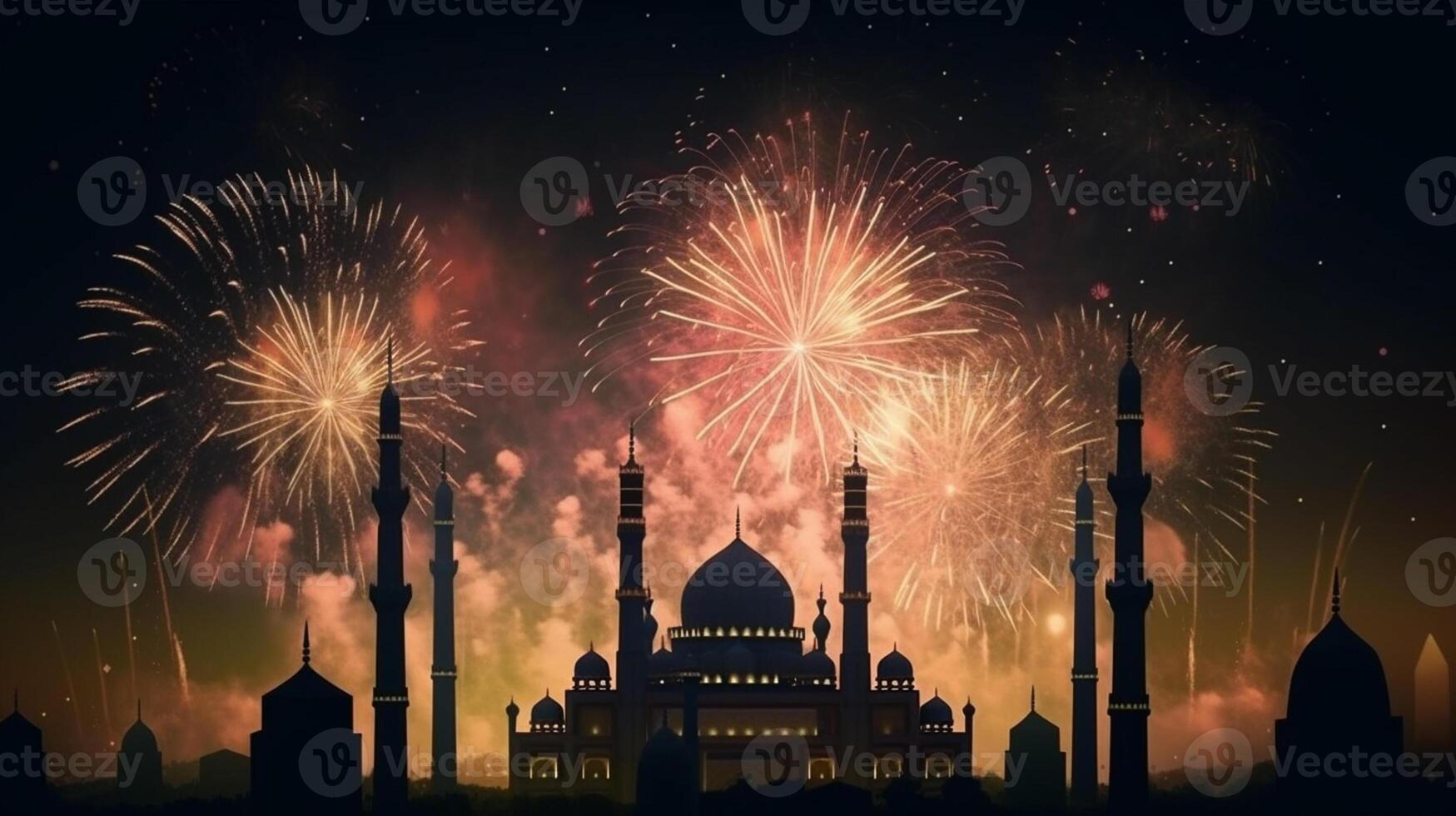 celebracion antecedentes con un mezquita y fuegos artificiales en el noche cielo. eid celebracion concepto ai generado obra de arte foto
