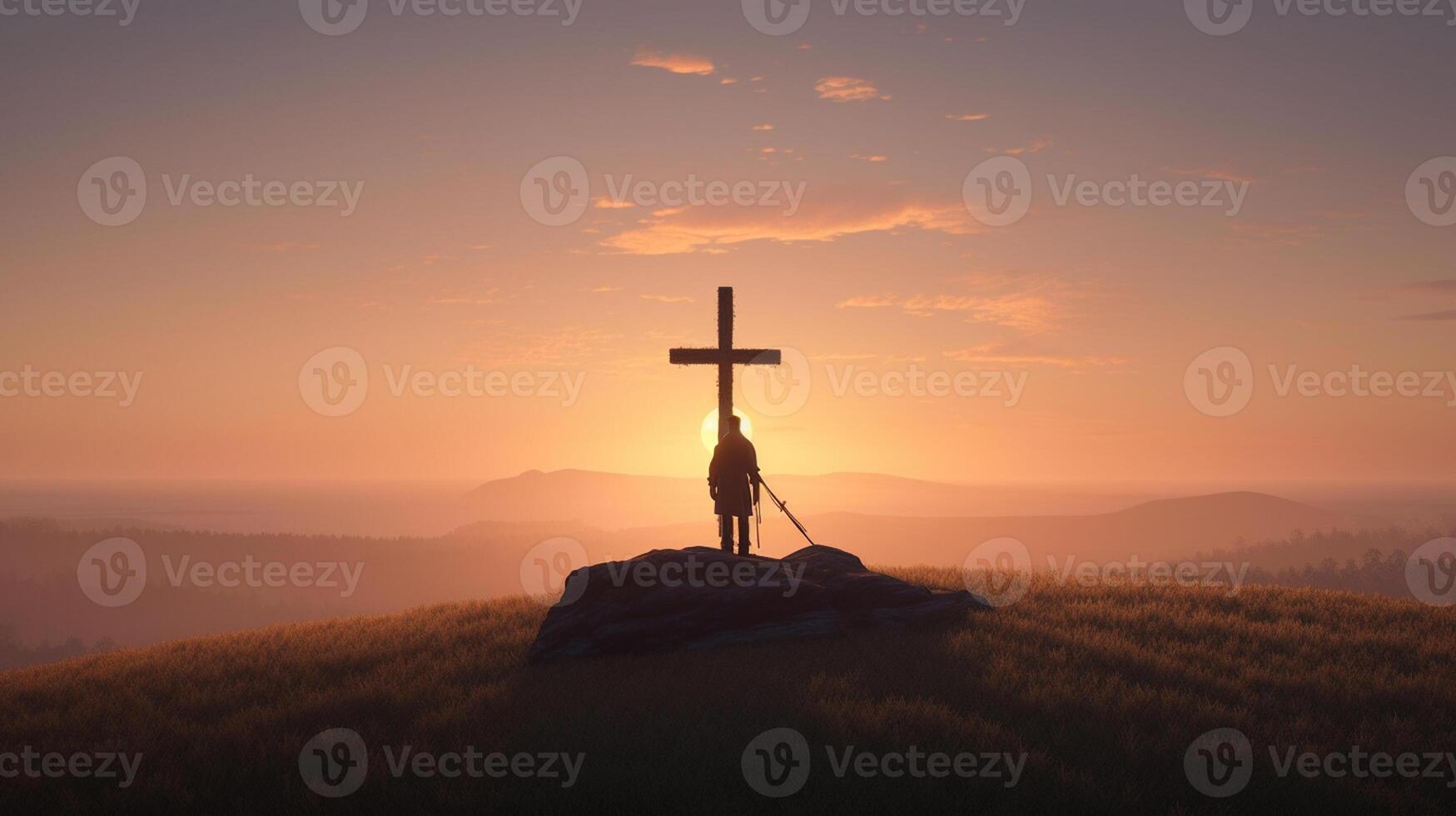 Silhouette of a man standing on a mountain with a cross. artwork photo