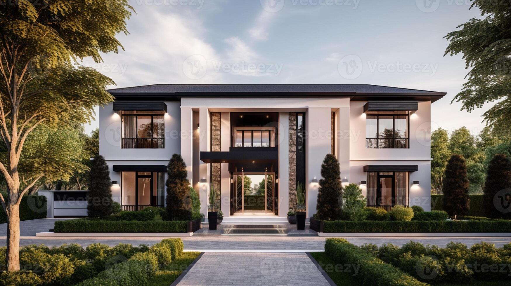 3d rendering of modern cozy house with garage for sale or rent with beautiful landscaping on background, real estate concept artwork photo
