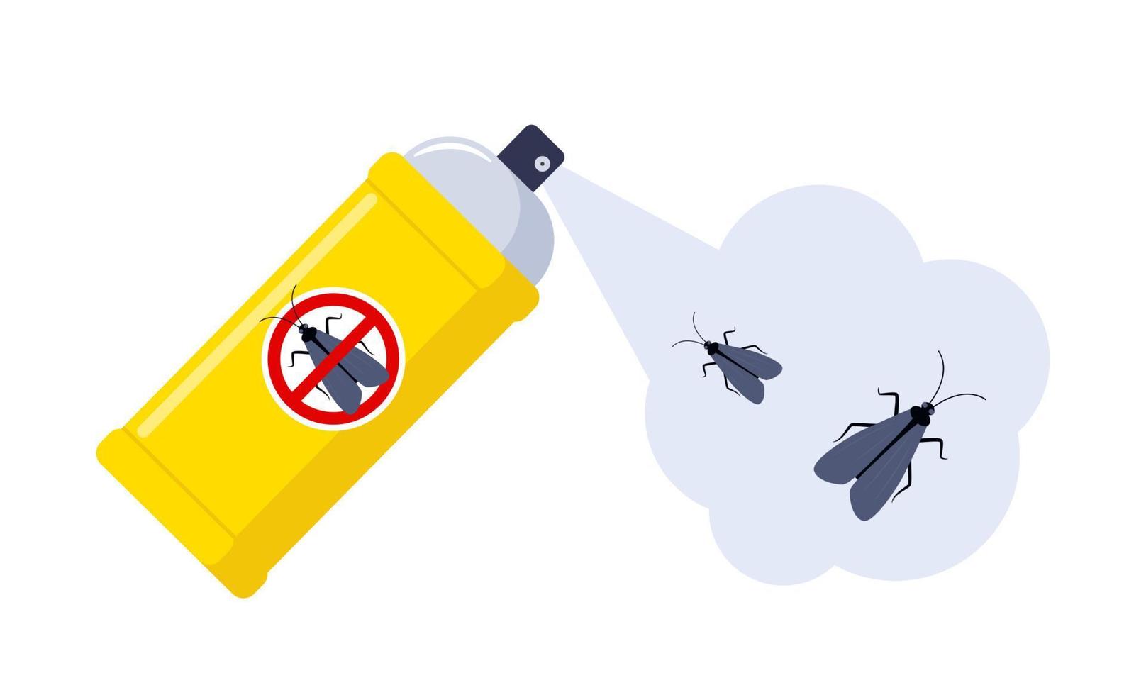 Spraying insecticide on moth. Pest control. Aerosol for bug bite prevention. Vector illustration.