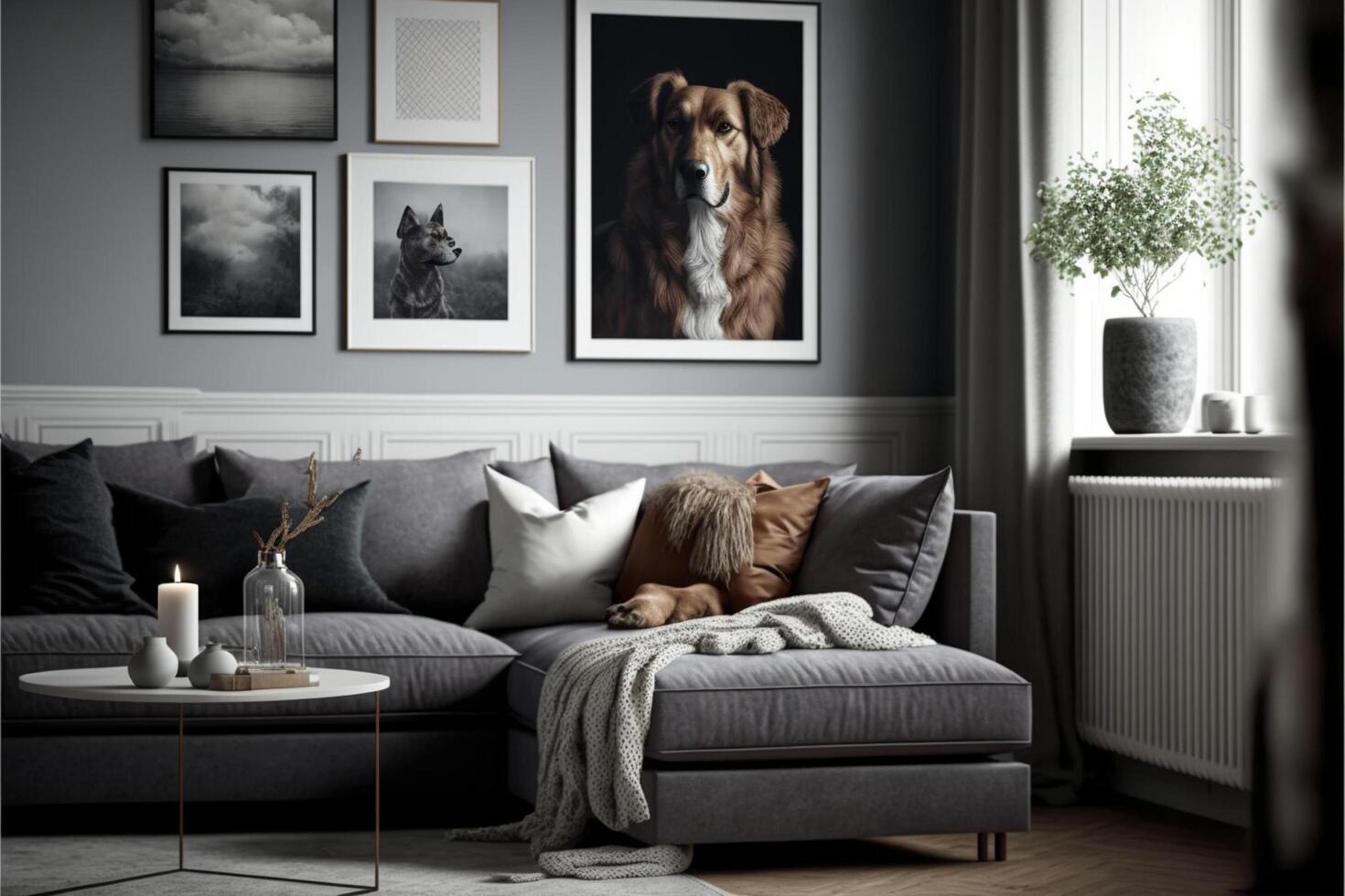 Gallery of trendy posters in elegant grey living room. photo