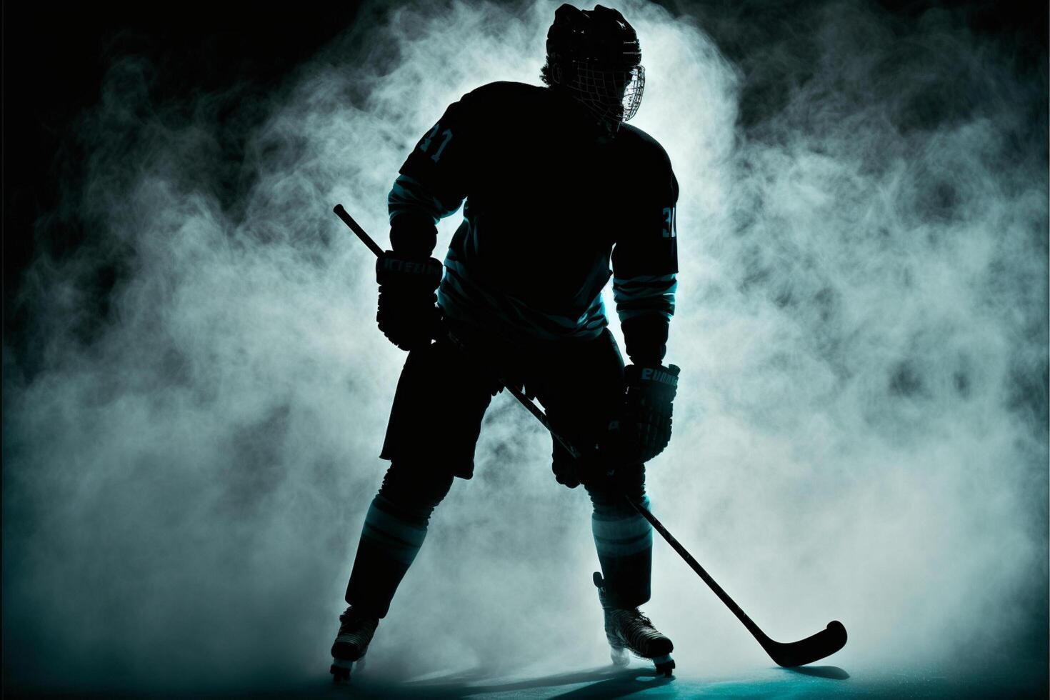 oscuro silueta de un masculino hockey jugador en un uniforme .generativo ai foto