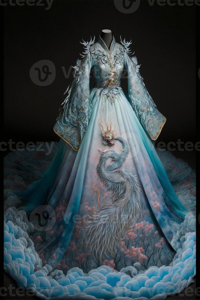 Stunning Chinese Hanfu silk wedding dress embroidered. . photo