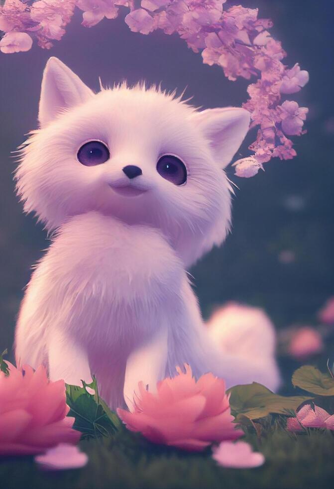 A cute and adorable baby white fox with a big fluffy tailholdi. . photo