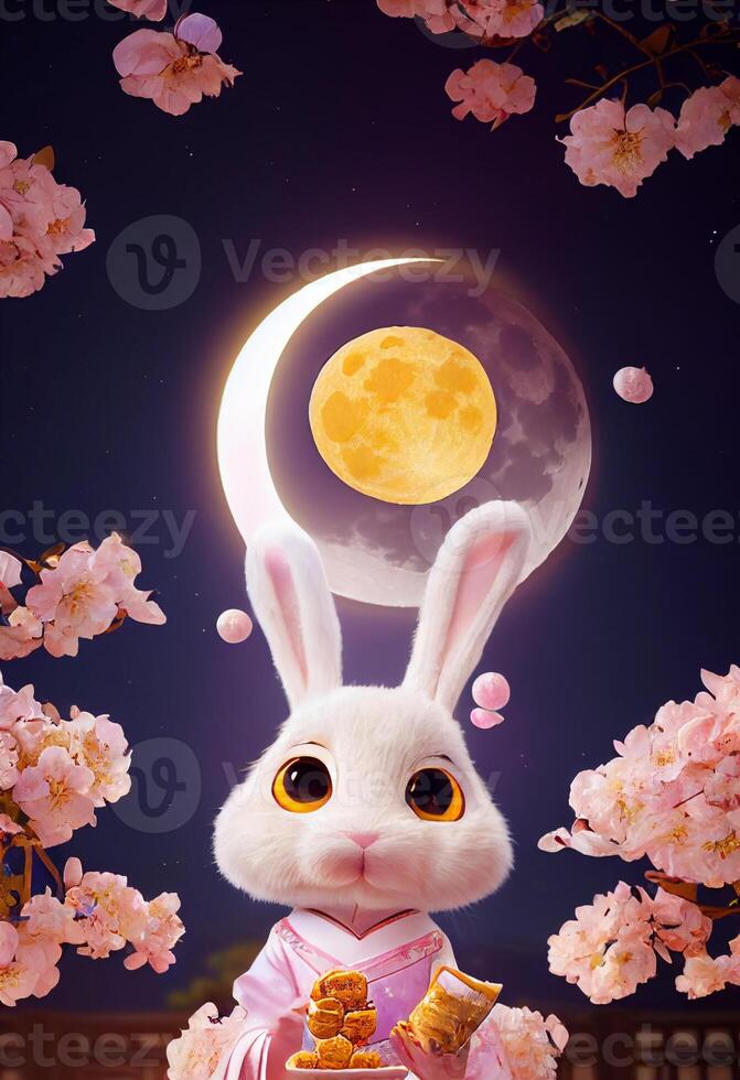 Anthropomorphic cute and cute rabbit holding a moon cake dress. photo