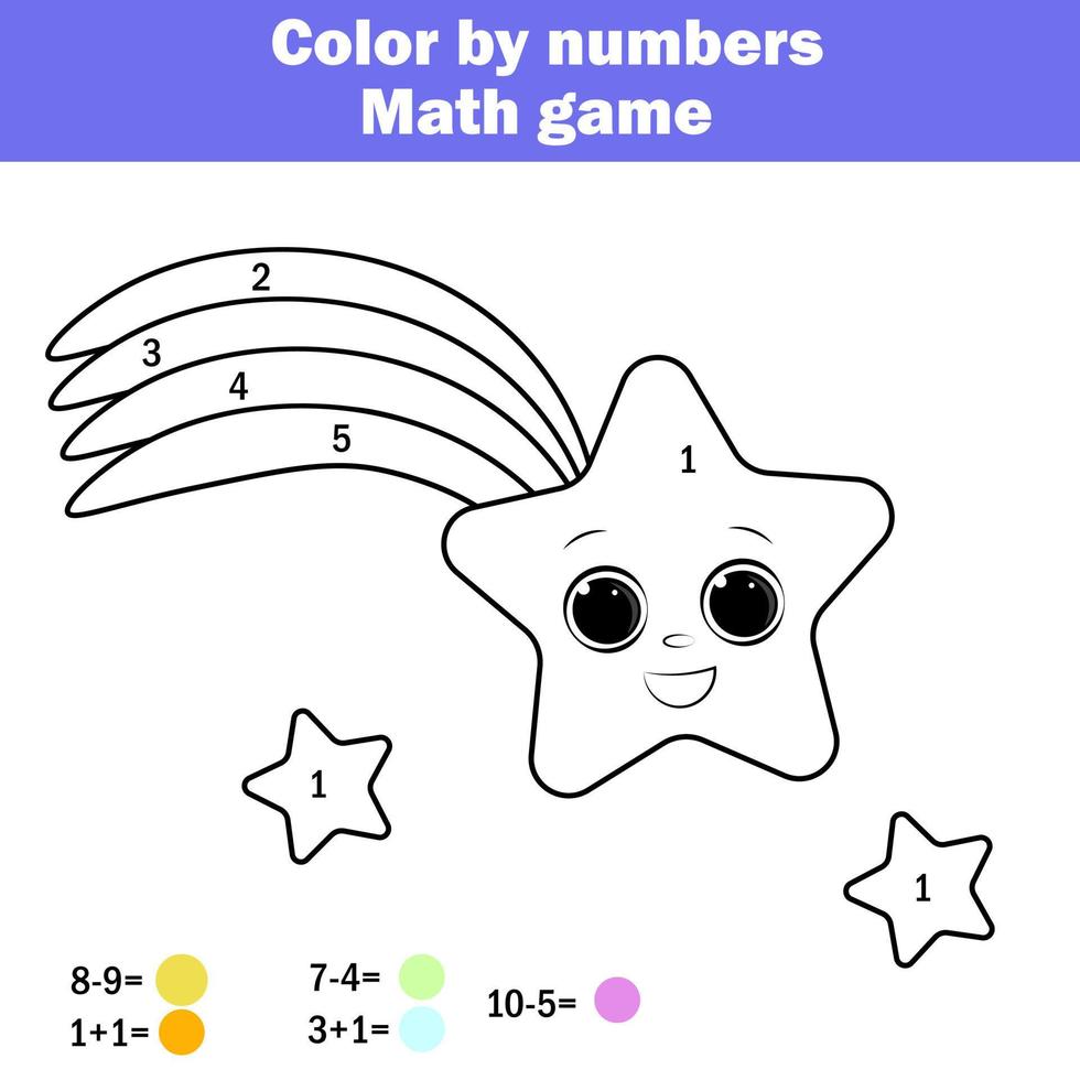 Children educational game. Mathematics actvity. Color by numbers, printable worksheet. Coloring page with falling star. Learning addition and subtraction. Counting game vector