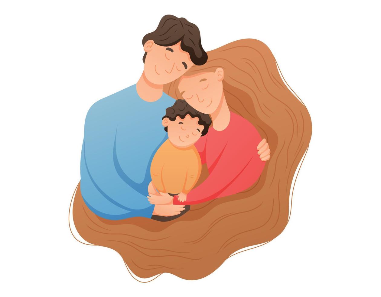 Cute cartoon Hugging Family, Mom Dad and Son. Cozy woman with long lush Hair, man and Child in an Embrace. World Parents Day vector illustration.