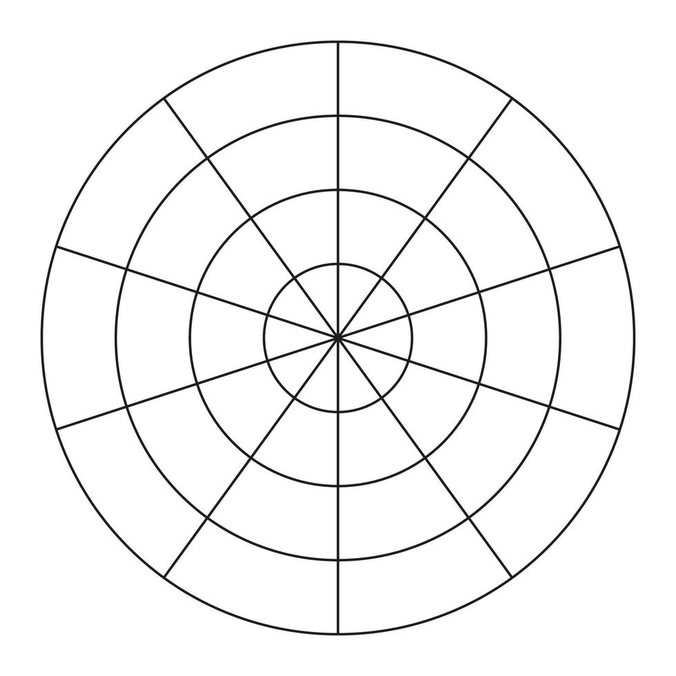 Polar grid of 10 segments and 3 concentric circles. Coaching tool. Wheel of life template. Circle diagram of lifestyle balance. Blank polar graph paper. Vector illustration.