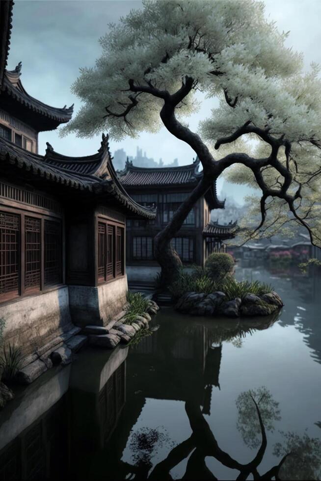 ancient Chinese bonsai tree background. . photo