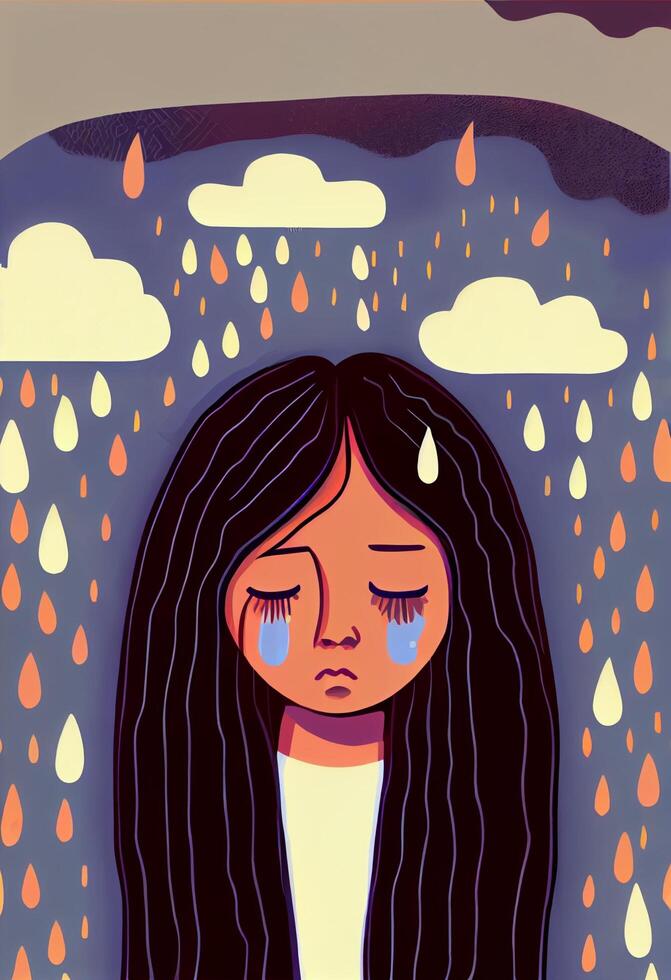 ilustración de Deprimido triste niña minimalista generativo ai. foto