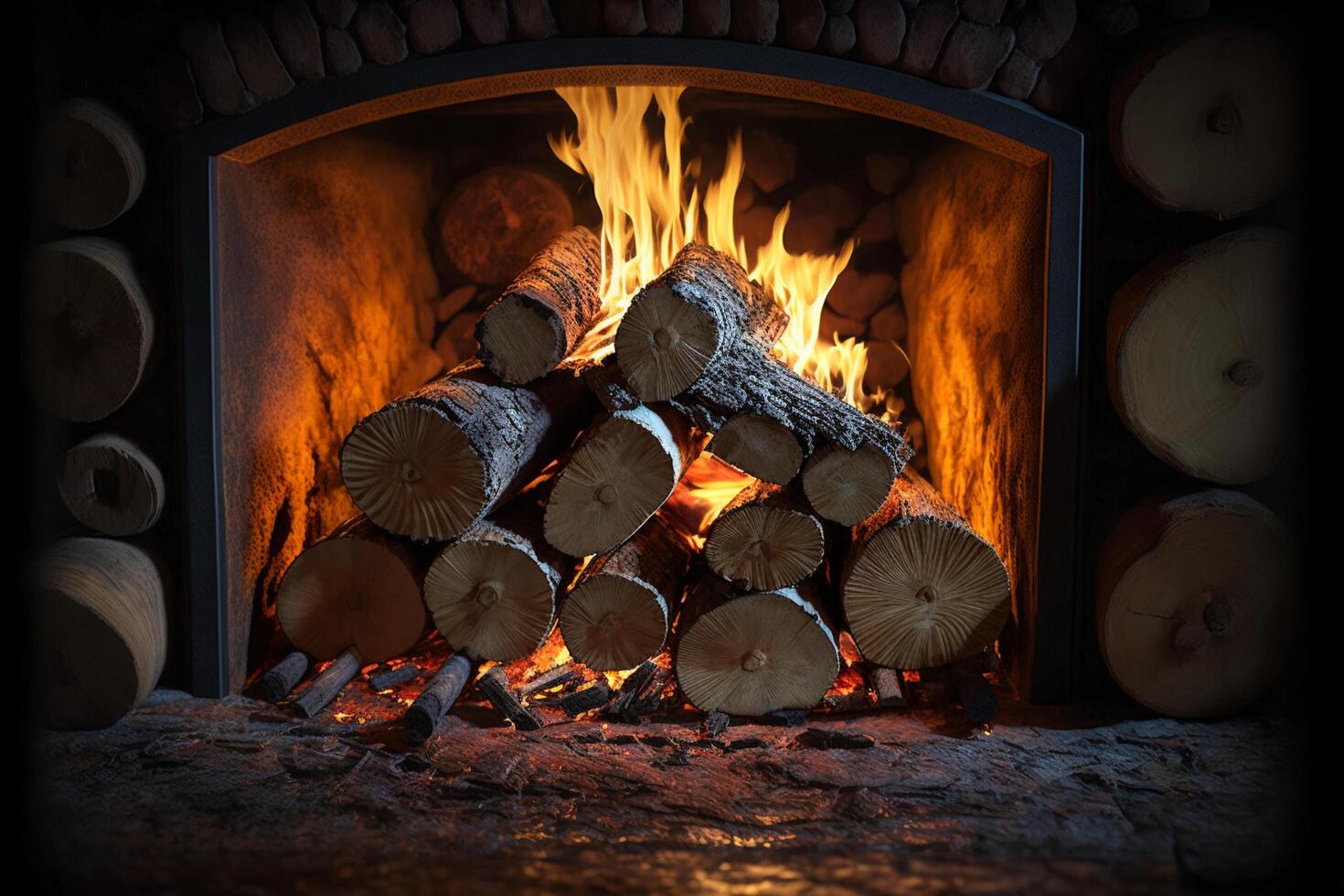 Logs burning in a fireplace. photo