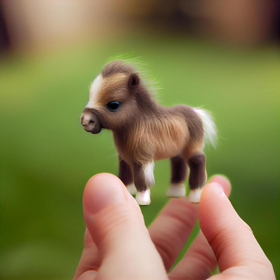 This is a cute mini horse the size of a thumb with a blurry. photo