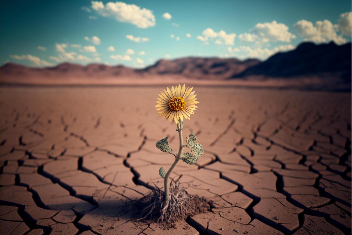 Dry cracked desert soil with single flower sprouting . photo