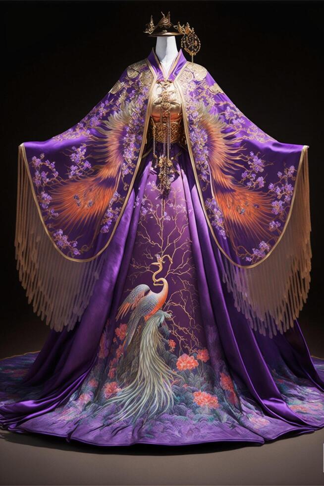 The amazing bright purple Chinese Hanfu wedding dress. . photo