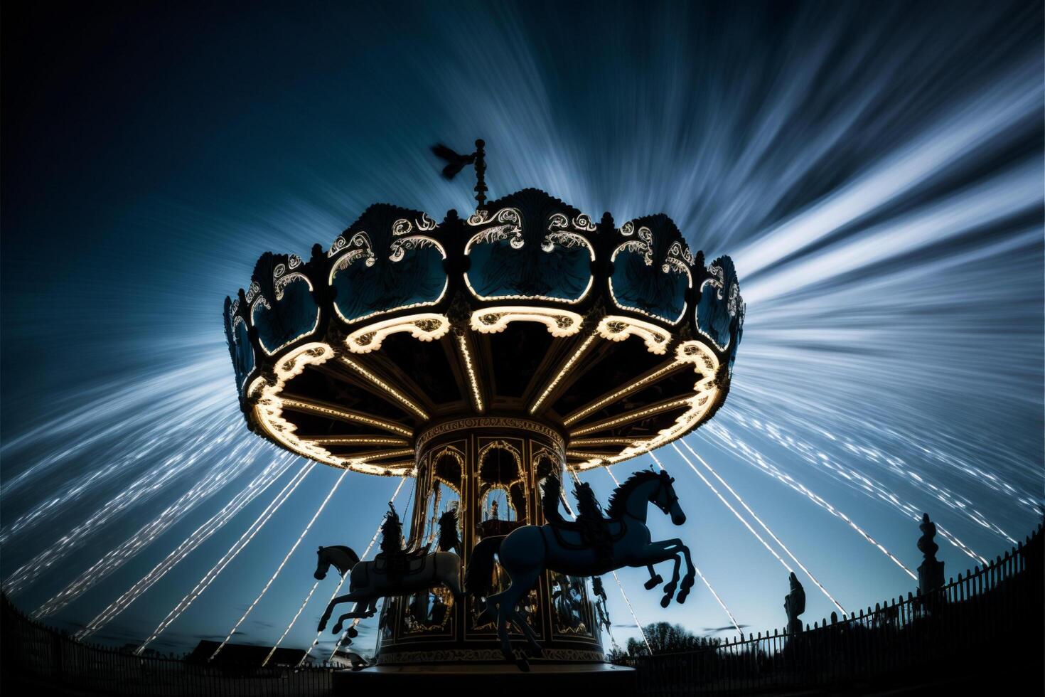 Long Exposure Low Angle View Of Carousel Against Blue. photo